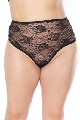 High Waisted Lace Thong - Black